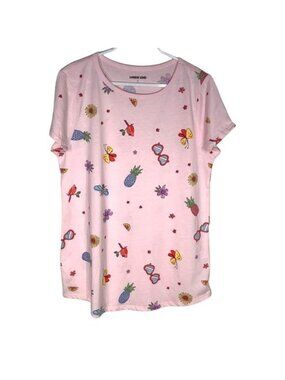 Lands’ End Girls Large 14 Pink Graphic Tee Shirt Floral Fruit Bird Print